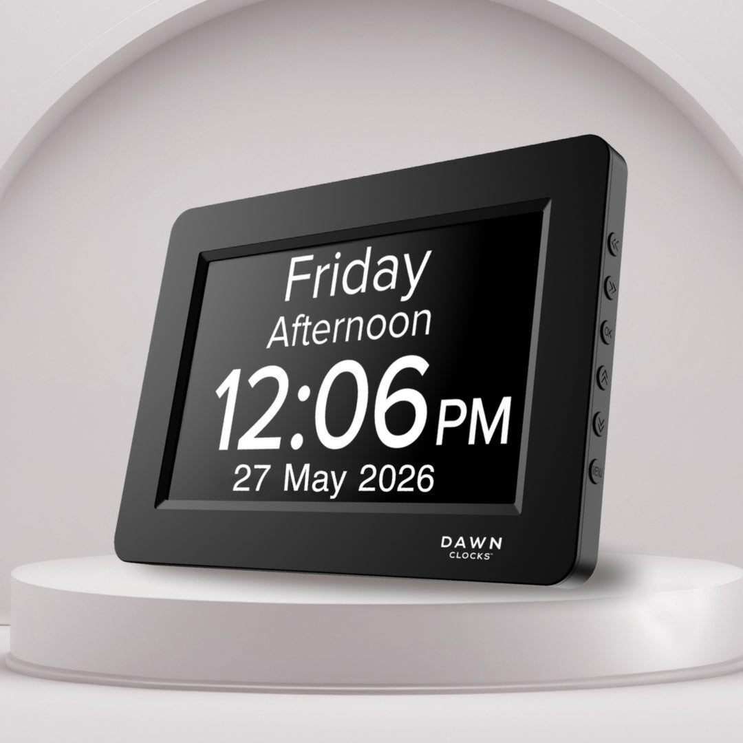 Remarkable Clock by Dawn Clocks. Customisable Calendar and Reminder Clock. Black frame.