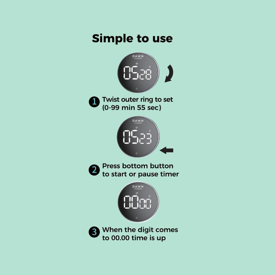 The Turn Timer by Dawn Clocks™ is the ultimate tool for efficient time management. Perfect for the classroom, kitchen, the gym and more! With it's easy-twist LED design, versatility and reliability, the Turn Timer is a must-have for anyone looking to keep their tasks on track. Batteries included.