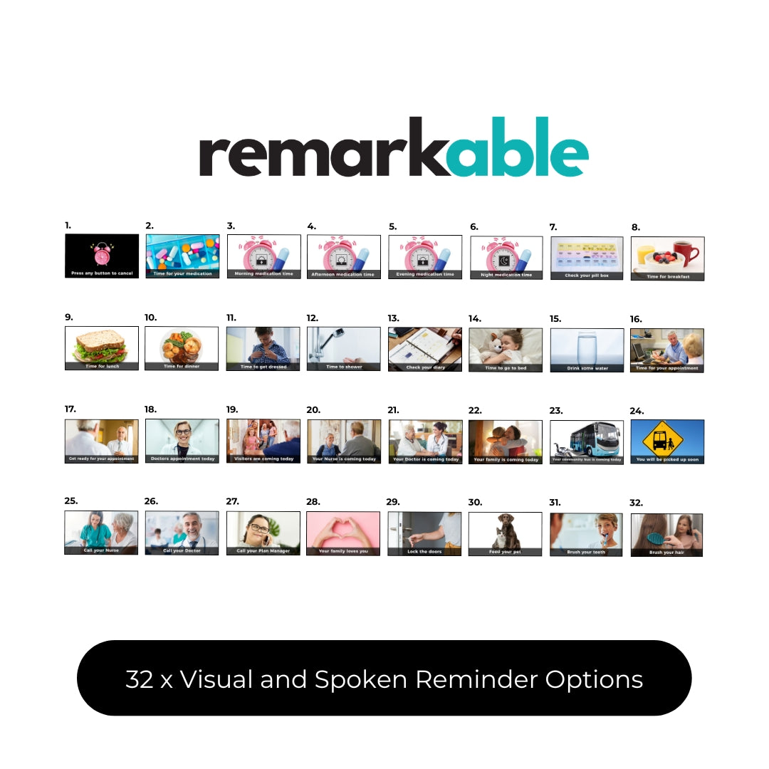 A promotional graphic for Remarkable Dawn Reminder Clock reminding users of 32 visual and spoken reminder options. The top features the 'remarkable' logo in black and teal, above a grid of 33 small thumbnail previews of different reminder designs, with a black rounded banner at the bottom reading '32 x Visual and Spoken Reminder Options'.