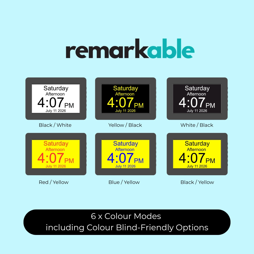 A product information graphic for Remarkable Dawn Reminder Clock. Digital displays showing six screen color options. The graphic features the brand name 'remarkable' at the top and six rectangular mockups of the screens, each displaying a Saturday afternoon time and demonstrating different color modes: White/Black, Yellow/Black, White/Black, Red/Yellow, Blue/Yellow, and Black/Yellow designed to suit people living with colour blindness.