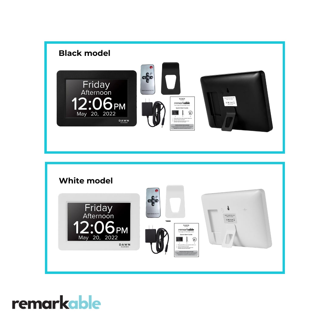 A product comparison graphic showing two versions of the Remarkable Dawn Reminder Clock and its accessories: a black model at the top and a white model at the bottom. Each version includes the clock, remote, adapter, power cable, manual, and back view.