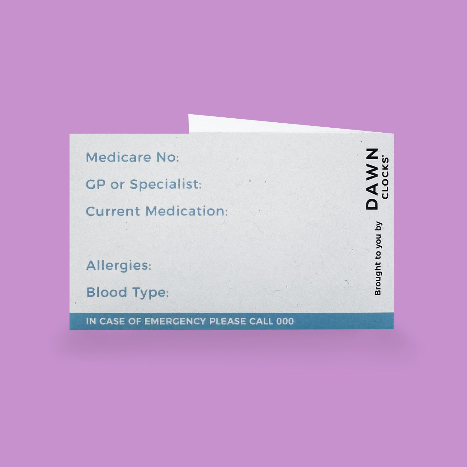 The Care Card by Dawn Clocks was specifically designed by our Founder from her lived experience of her Mother battling Younger Onset Alzheimer's Disease. It aims to educate the person who may encounter your loved one to come from a place of understanding. Simply fill out the details you wish to communicate and place inside a wallet or purse. The Care Card empowers the user and comforts the people who love them the most.