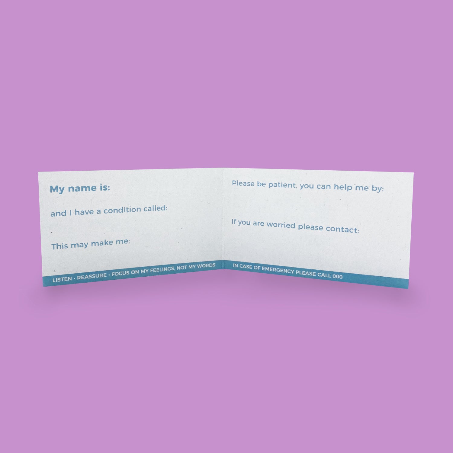 The Care Card by Dawn Clocks was specifically designed by our Founder from her lived experience of her Mother battling Younger Onset Alzheimer's Disease. It aims to educate the person who may encounter your loved one to come from a place of understanding. Simply fill out the details you wish to communicate and place inside a wallet or purse. The Care Card empowers the user and comforts the people who love them the most.