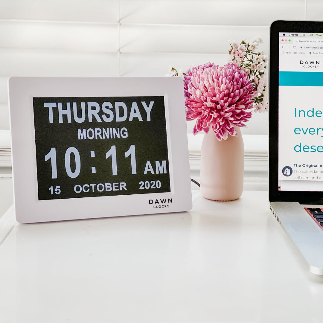 The Dawn Clock™ is the original LED calendar day clock that has specially designed on-screen alerts to enable independence in completing daily tasks. The on screen reminder alerts help to alleviate the stress of reminding as well as the frustration of being reminded. With a high contrast and low glare screen, The Dawn Clock™ is easy to read and understand. Plug in and go with an automatic start and a user-friendly interface making setup a dream. NDIS Disability ADD ADHD Autism ASD Neurodiversity Dementia.