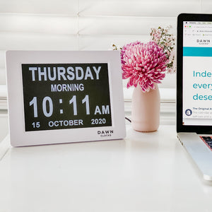 The Dawn Clock™ is the original LED calendar day clock that has specially designed on-screen alerts to enable independence in completing daily tasks. The on screen reminder alerts help to alleviate the stress of reminding as well as the frustration of being reminded. With a high contrast and low glare screen, The Dawn Clock™ is easy to read and understand. Plug in and go with an automatic start and a user-friendly interface making setup a dream. NDIS Disability ADD ADHD Autism ASD Neurodiversity Dementia.
