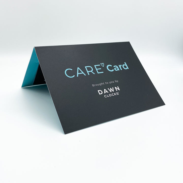The Care Card by Dawn Clocks was specifically designed by our Founder from her lived experience of her Mother battling Younger Onset Alzheimer's Disease. It aims to educate the person who may encounter your loved one to come from a place of understanding. Simply fill out the details you wish to communicate and place inside a wallet or purse. The Care Card empowers the user and comforts the people who love them the most.