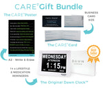 Dawn Clock Gift Bundle for people living with a disability and Dementia/Alzheimer's Disease. Featuring the best selling Dawn Clock, Care Poster and Care Card. This gift bundle is the perfect gift set for people living in assisted care.