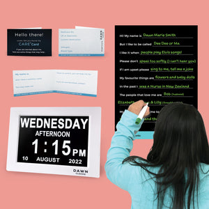 Dawn Clock Gift Bundle for people living with a disability and Dementia/Alzheimer's Disease. Featuring the best selling Dawn Clock, Care Poster and Care Card. This gift bundle is the perfect gift set for people living in assisted care.