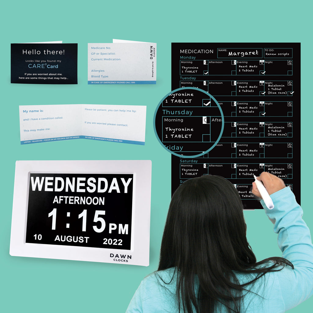 Dawn Clocks Home Care Bundle is for people living with a disability and Dementia/Alzheimer's Disease. Featuring the best selling Dawn Clock, Care Medication Magnet and Care Card. This gift bundle is the perfect gift set for people living in at home or in a shared care environment.