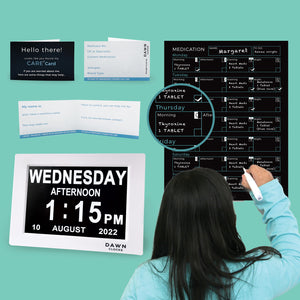Dawn Clocks Home Care Bundle is for people living with a disability and Dementia/Alzheimer's Disease. Featuring the best selling Dawn Clock, Care Medication Magnet and Care Card. This gift bundle is the perfect gift set for people living in at home or in a shared care environment.